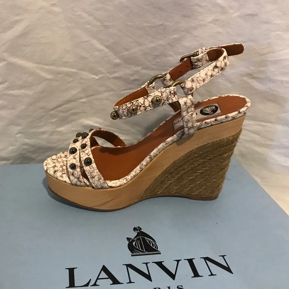 Lanvin White Snakeskin-Print Wedge Espadrille Sandals with Black Studs